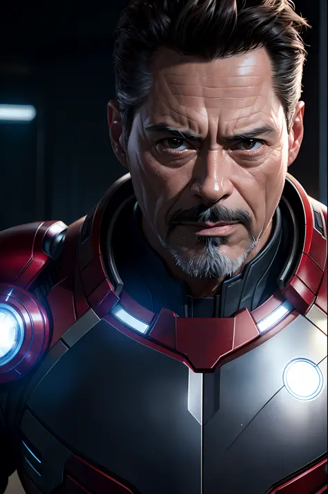 Marvel, Old man Tony Stark, realistically, dynamic lights, old, gray stubble, full shoot, (extremely detailed CG unity 8k wallpaper), trending on ArtStation, trending on CGSociety, High Detail, Sharp focus, dramatic, photorealistic