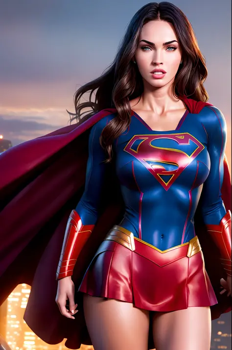 dramatic lighting, high quality, cinematic film, (attractive Megan Fox, wearing Supergirl costume, detailed realistic photo 4k