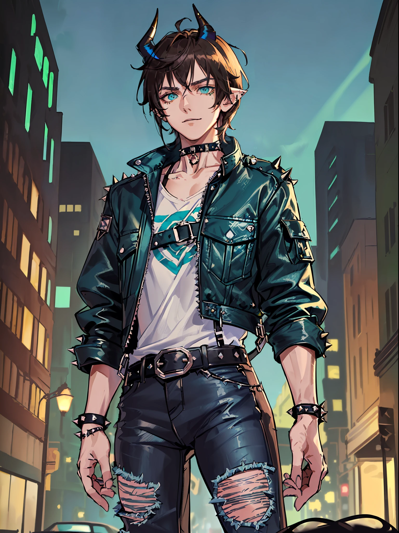 ((highest quality, masterpiece, 4k, finely detailed, detailed eyes, detailed face, intricate details, gelbooru, pixiv)), warm lighting, ((solo)), 1boy, male, masculine, skinny, lanky, pointy ears, ((shaggy, middle long brown hair, a lot of loose strands, bangs falling into face, blue-green demon horns)), ((blue-green eye color, half-lidded neutral eye shape, tired eyes, eyeliner under eye)), dynamic pose, looking at viewer, smiling, (((Shirt with baggy jacket and lots of straps over it, black choker, ripped skinny jeans in a black color, a lot of belt straps with spikes, punk style fashion))), (((scar on nose))), city background at night