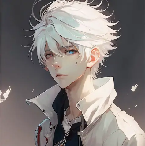 Anime boy with white hair and blue eyes in a white jacket, tall anime man with blue eyes, anime boy, white hair, handsome guy in...
