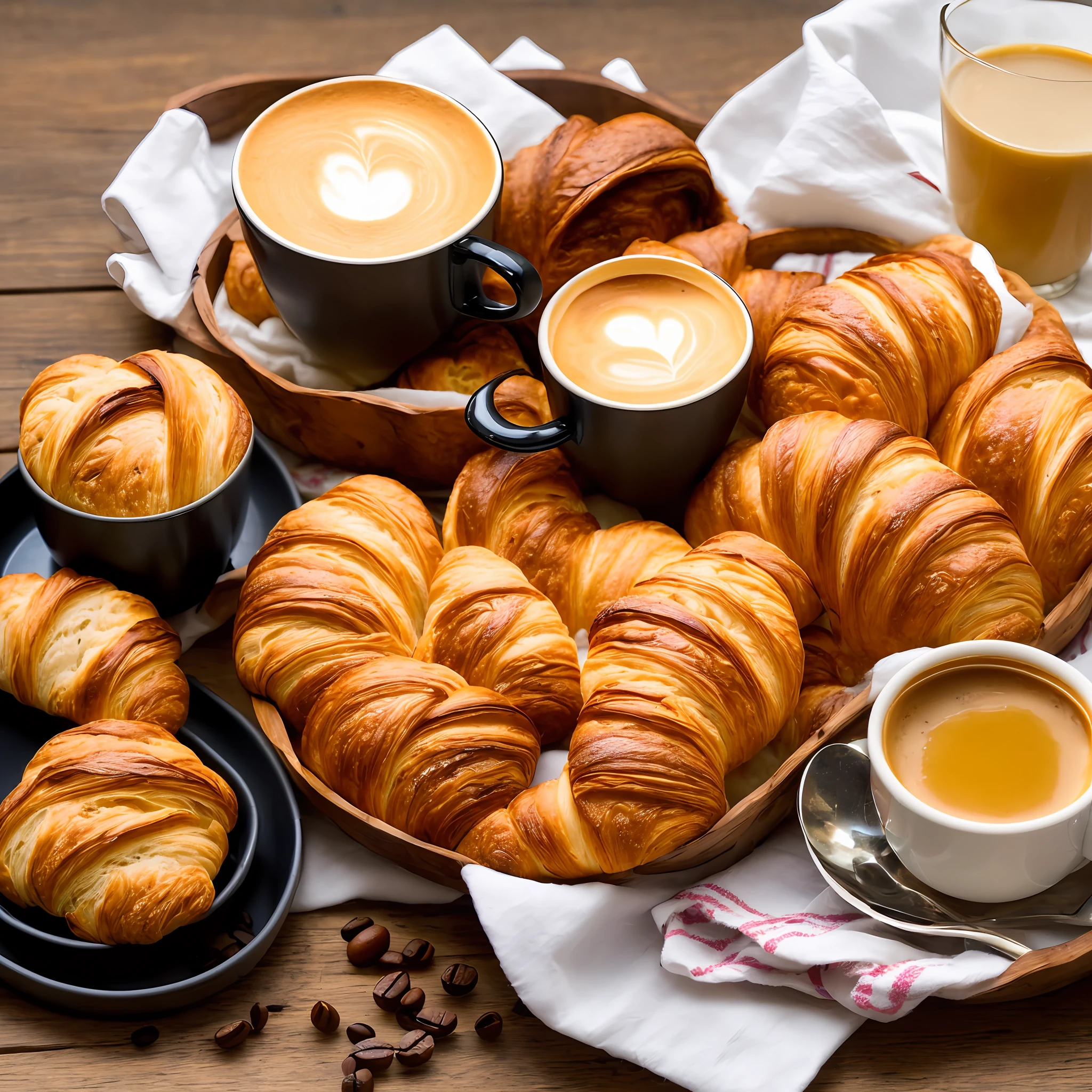 (foto acogedora, mejor calidad, Iluminación cálida y suave), ((Bandeja pequeña con panes recién horneados y un croissant fresco, una taza de café ahumado)) (frutos pequeños), (Pequeños detalles de encanto, Flores del campo, sol cálido, sombra suave, Amanecer del día), Tabla individual, jugo