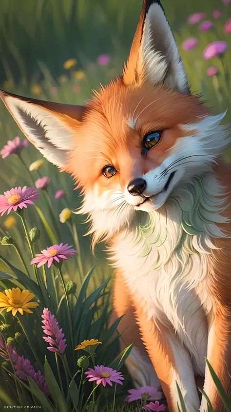 Beautiful fox, eyes open, smiling, green grass, colorful flowers, delicate and vivid lighting.