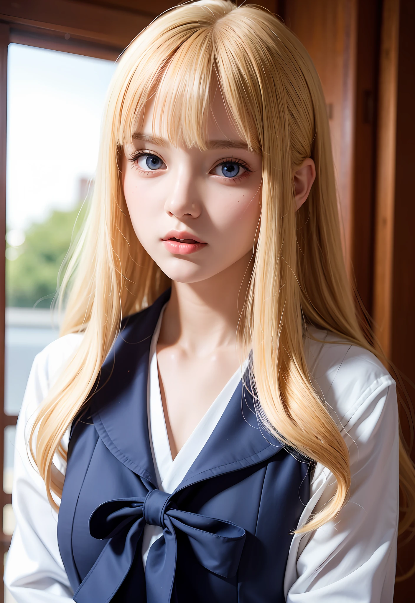 Bust shot, sailor suit, school uniform, perfect beautiful beautiful girl, shiny shiny shiny skin, shiny cheeks, bangs between eyes, shiny silky super long and straight beautiful natural blonde, super long hair, eyeliner, sexy and beautiful 18 years old, small face, big beautiful bright light blue eyes, beautiful and bright girl