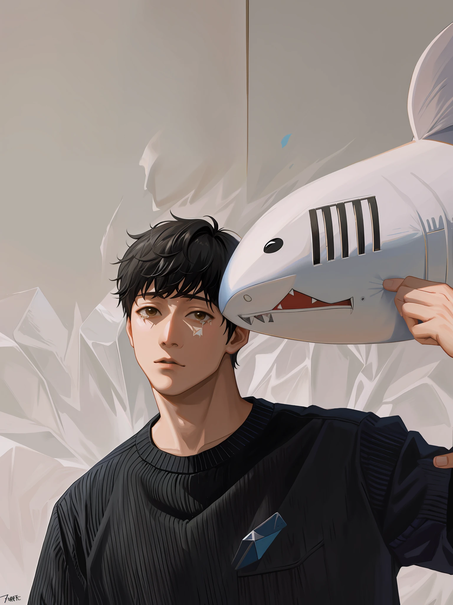 arafed man holding a stuffed shark over his head, subreddit / r / whale, taejune kim, hyung tae, hong june hyung, mrbeast, jeongseok lee, mr beast, hyung tae kim, steven jung, paul kwon, shark anthony, sangsoo jeong, shin jeongho, joon ahn, giga chad crying