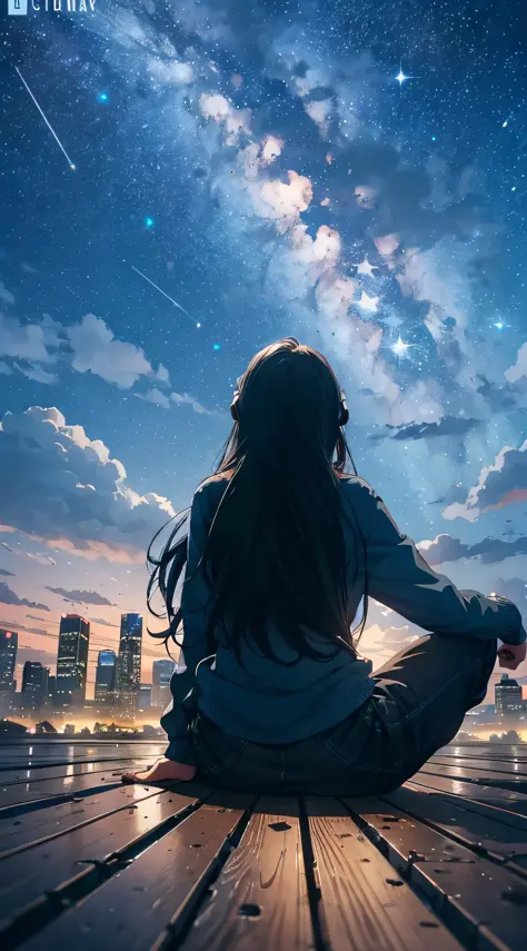 octans, sky, star (sky), scenery, starry sky, night, 1girl, night sky, solo, outdoors, building, cloud, milky way, sitting, tree, long hair, city, silhouette, cityscape --auto --s2