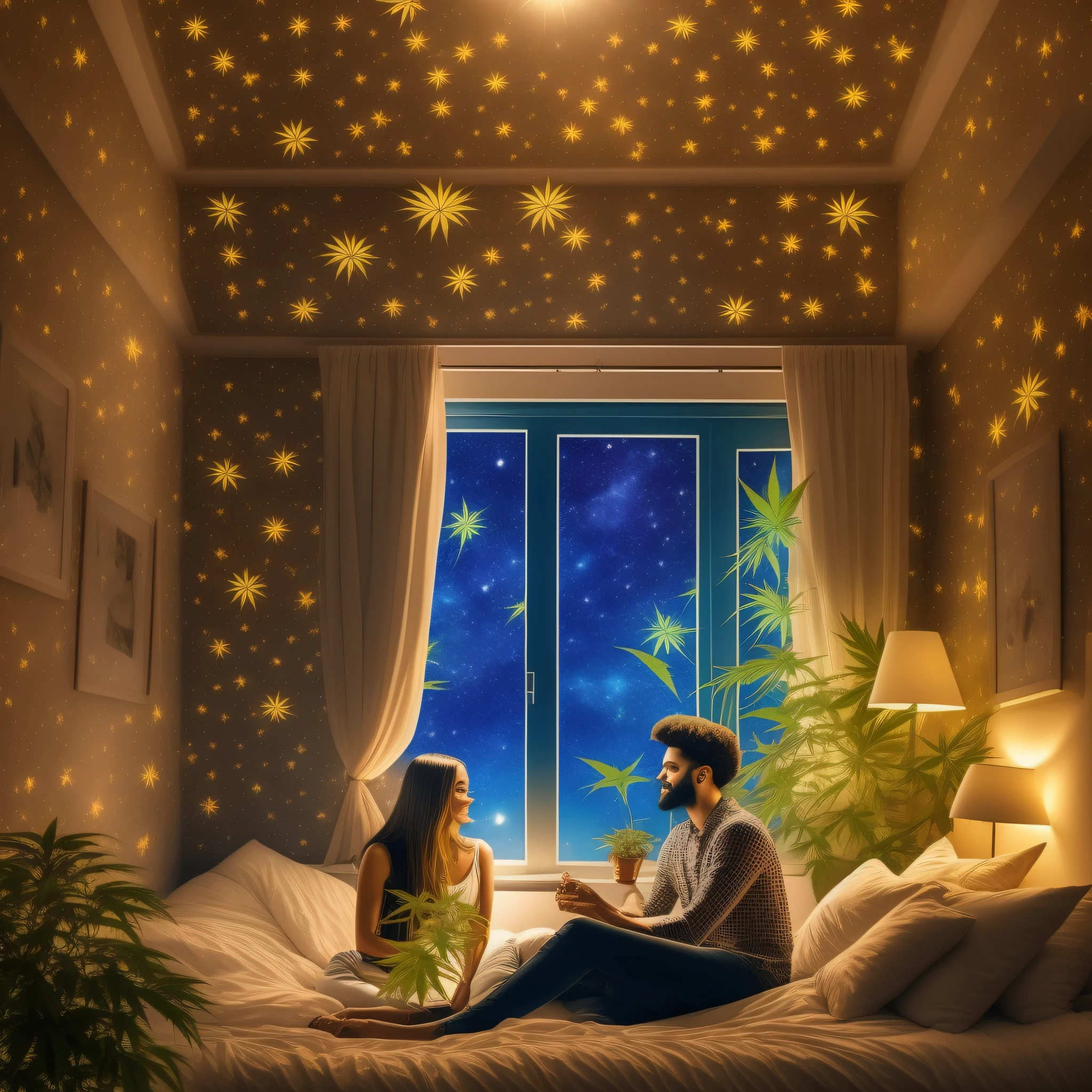 a man and a woman together holding a weed plant  inside a little room, lightings inside the room, everything trippy in the room, both man and the woman sitting on the bed, nigh time, window is open and shining stars are seen from it, man and woman are high, weed,trippy