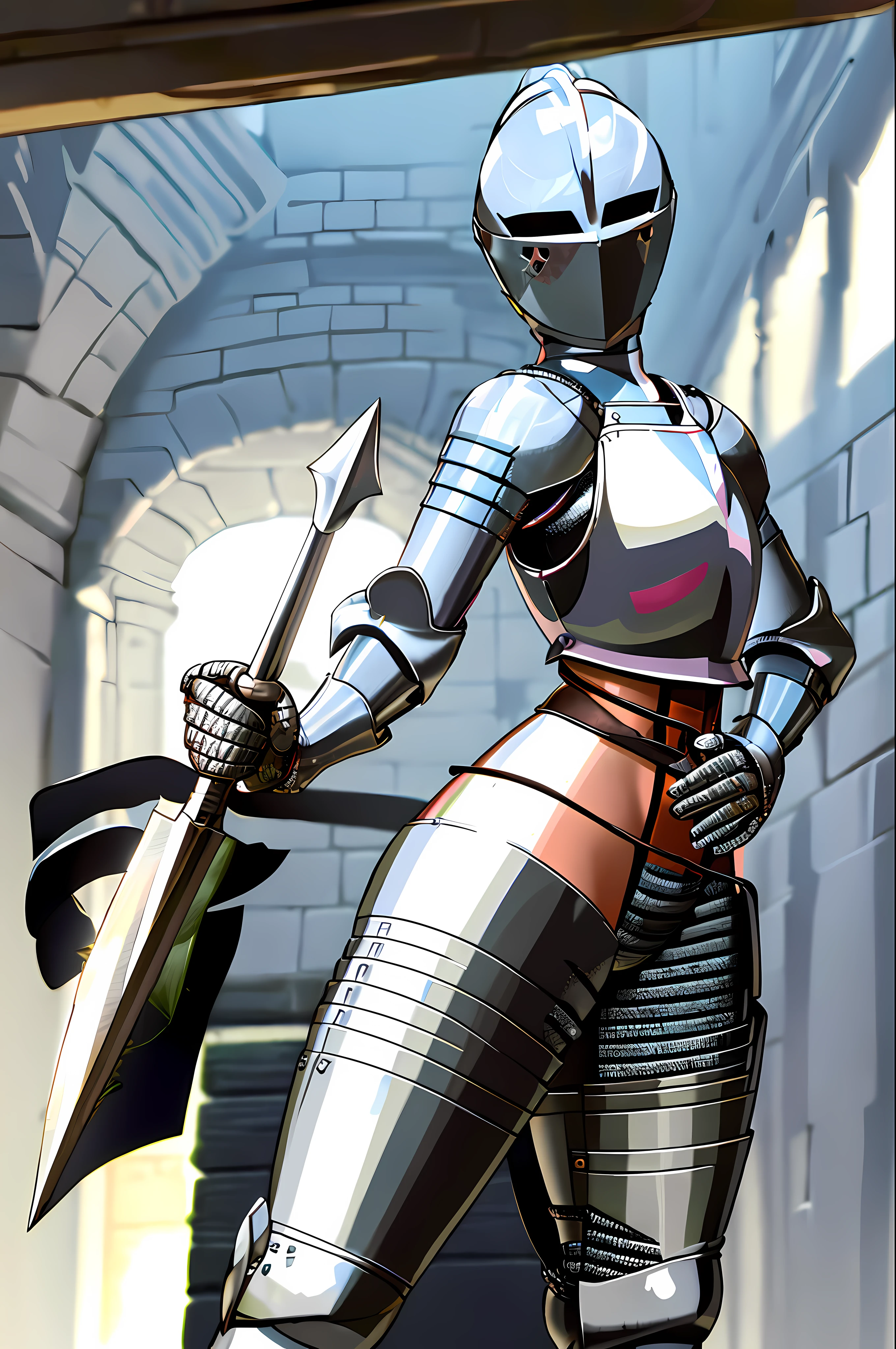 There is a woman in a armor suit holding a sword - SeaArt AI