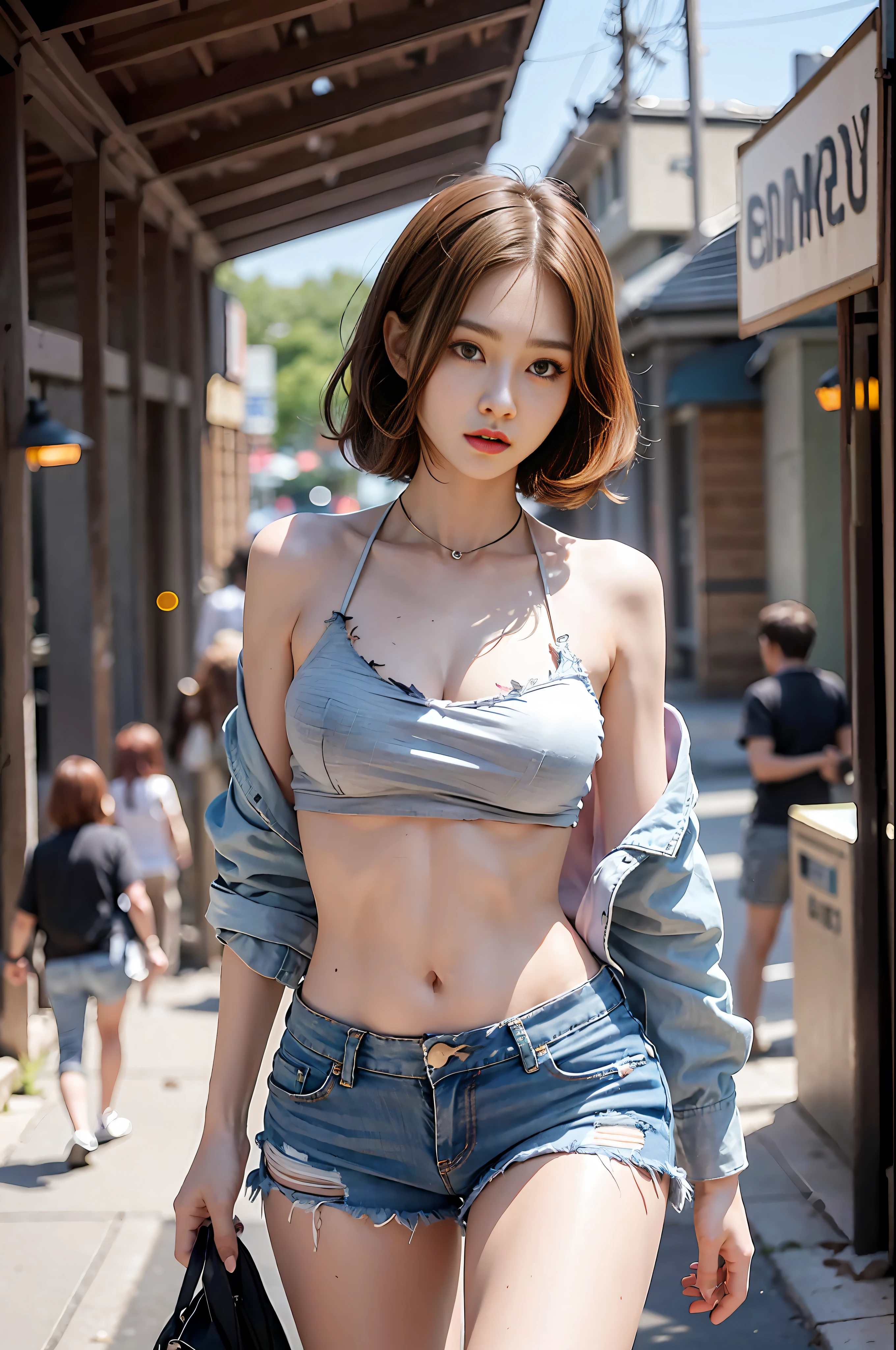 ((medium breast, tomboy girl,)),  (chiseled abs : 1.1), (perfect body : 1.1), (short wavy hair : 1.2) , auburn hair, collar, chain, full body shot, crowded street, wearing tanktop, jeans jacket, (torn clothes:1.3)((shorts)), (extremely detailed CG 8k wallpaper), (an extremely delicate and beautiful), (masterpiece), (best quality:1.0), (ultra highres:1.0),  beautiful lighting ,perfect lightning, realistic shadows, [highres], detailed skin, ultra-detailed (((colorful))),high realistic,