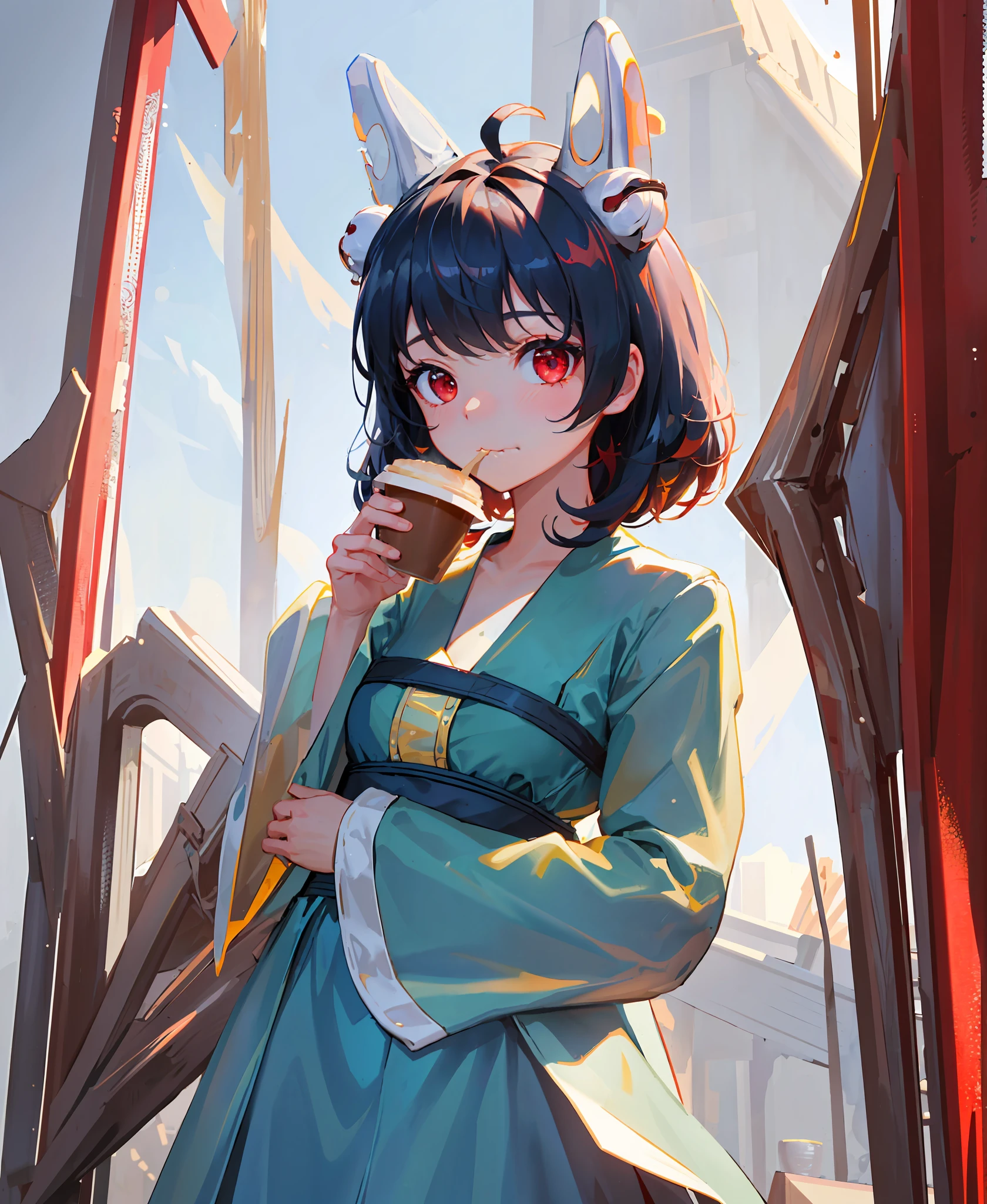 (masterpiece), (best quality), (intricate_details:1.1), (finely detailed:1.4), (distinct_image:1.2), (cafe background), solo girl, cute, (face focus), shiny red eyes/black hair, cat ears, vines, smooth lights, shirts, (coffee shop), (eating), (hungry), dressed sexy, royal sister style