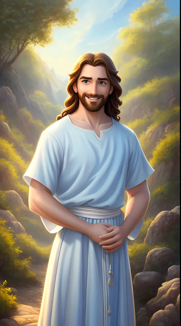 Original art quality, full body picture, Disney character animation style, young and handsome Jesus God, standing posture, hands naturally placed on both sides, looking ahead, gentle expression and smiling, eyes full of light, background light blue, transl...