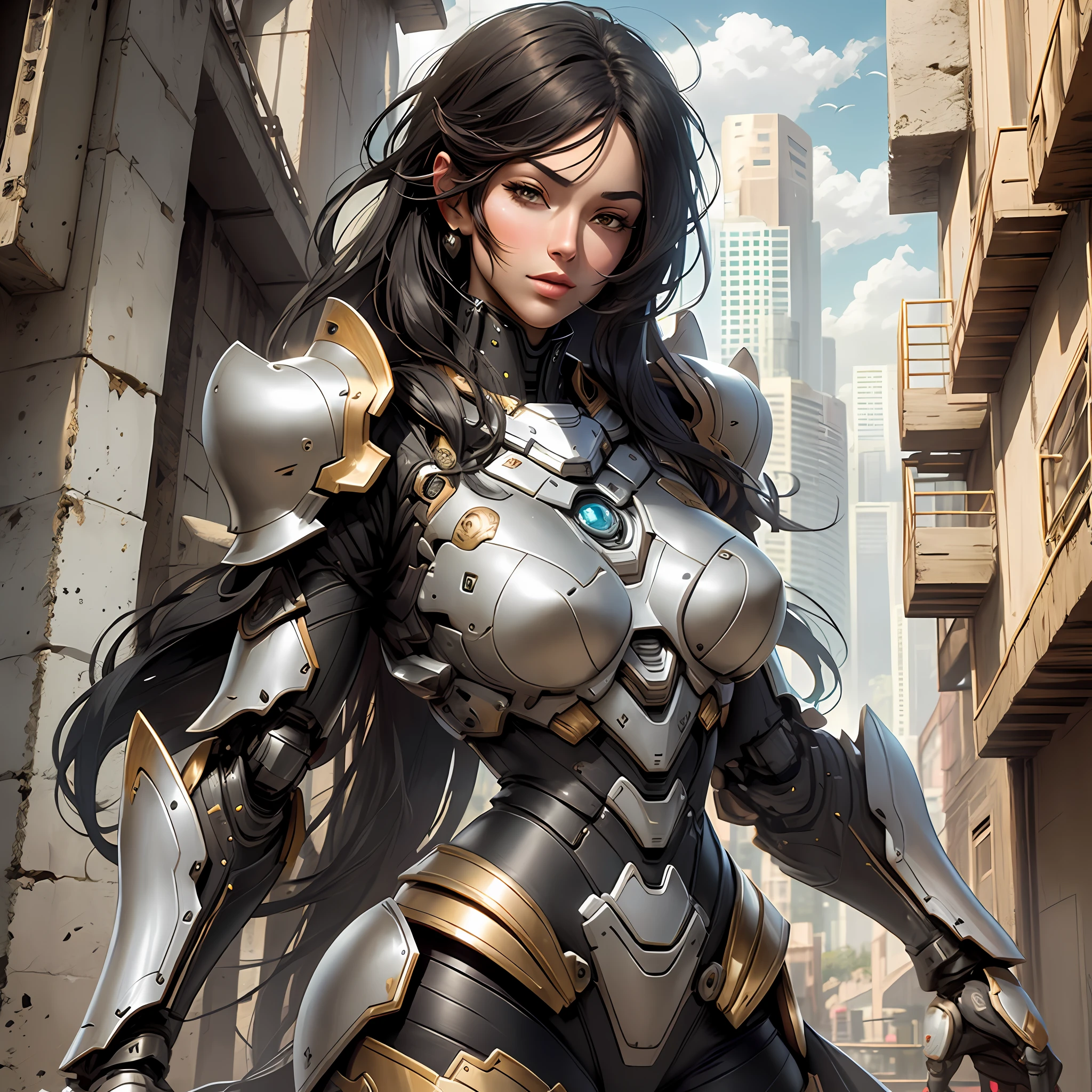 Hermosa mujer alta con armadura robótica con cabello negro súper realista y bien detallado.