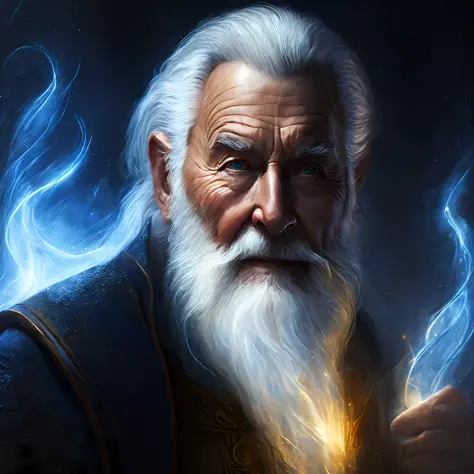 wizard, close up shot, old man, white hair, magic, cinematic, painting