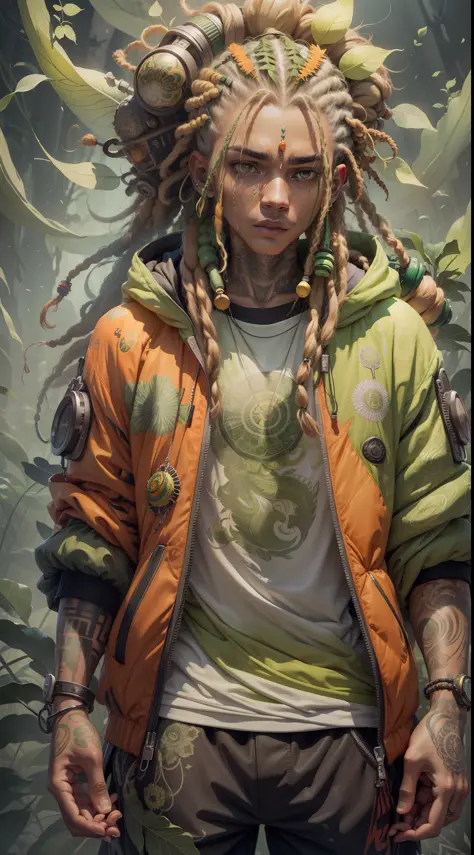 green:1.5, orange:1.1, white:1.3, yellow:1.3, (rapper with dread hair),tattoos, (power puffer clothes:1.2),fractals,flowers,leav...