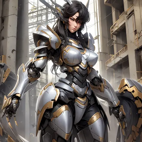 Beautiful tall woman with robotic armor with super realistic and well detailed black hair