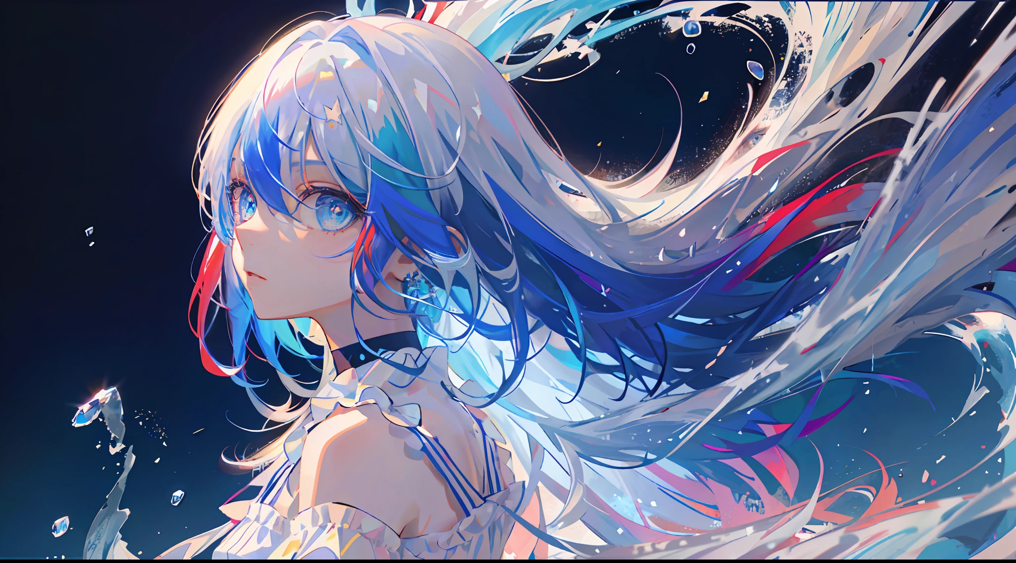 8k wallpaper, masterpiece,Cinematic Lighting, best quality,Illustration,dramatic angle, ((colorful:1.1)), ((colored inner hair:1.4)),
1girl, solo, long hair, water, blue eyes, choker, parted lips, white choker, liquid hair, white hair, bangs, from side, profile, upper body, blue hair, simple background, grey background, bare shoulders, portrait, looking at viewer, white dress, hair between eyes, multicolored hair, white background,earrings,