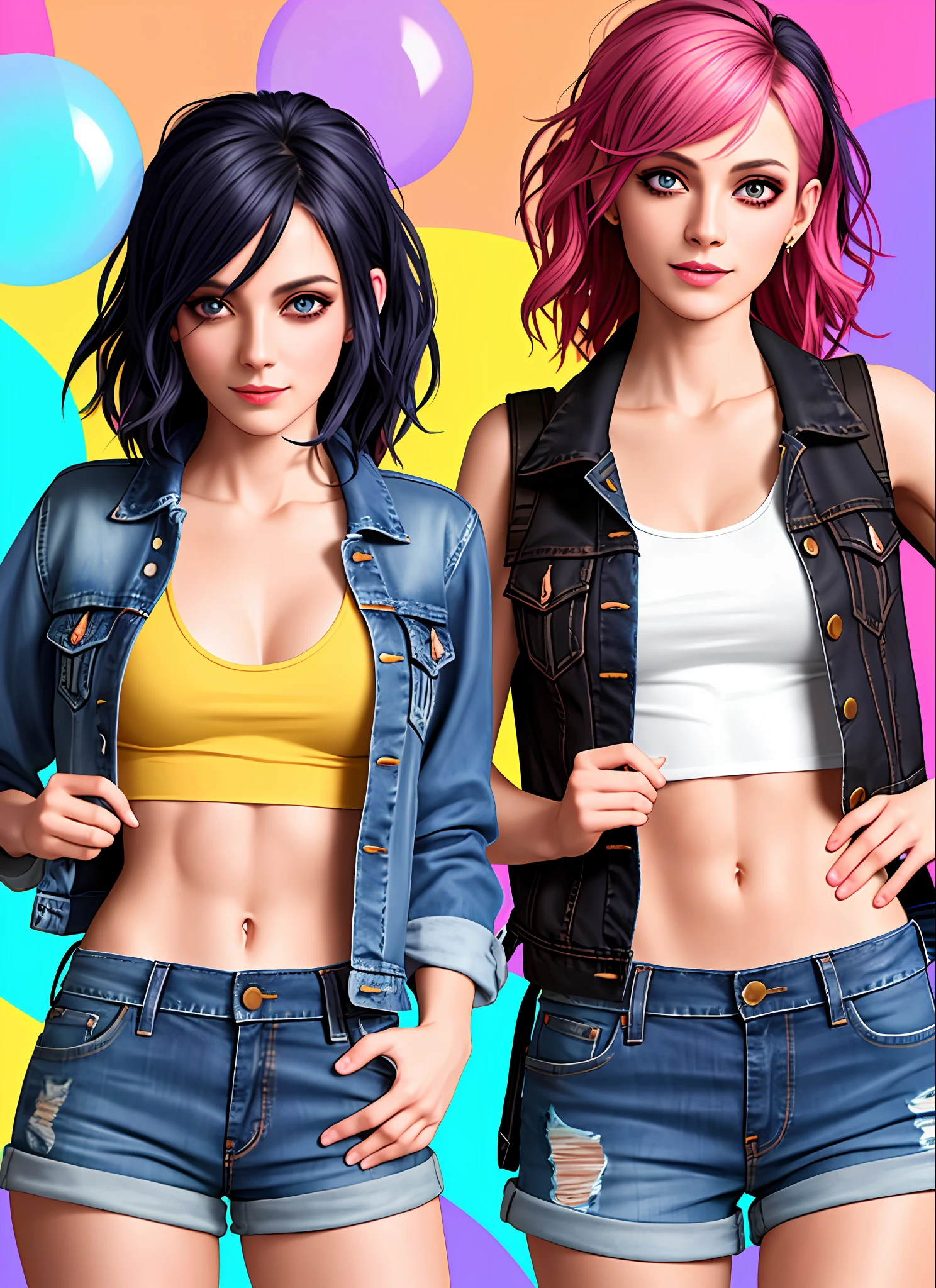 drunken beautiful woman 1girl as delirium from sandman, (hallucinating colorful soap bubbles),
abs,  fit, thin, wearing a black crop top jean jacket and jean shorts, punk rock, tank girl, high detailed, 8k