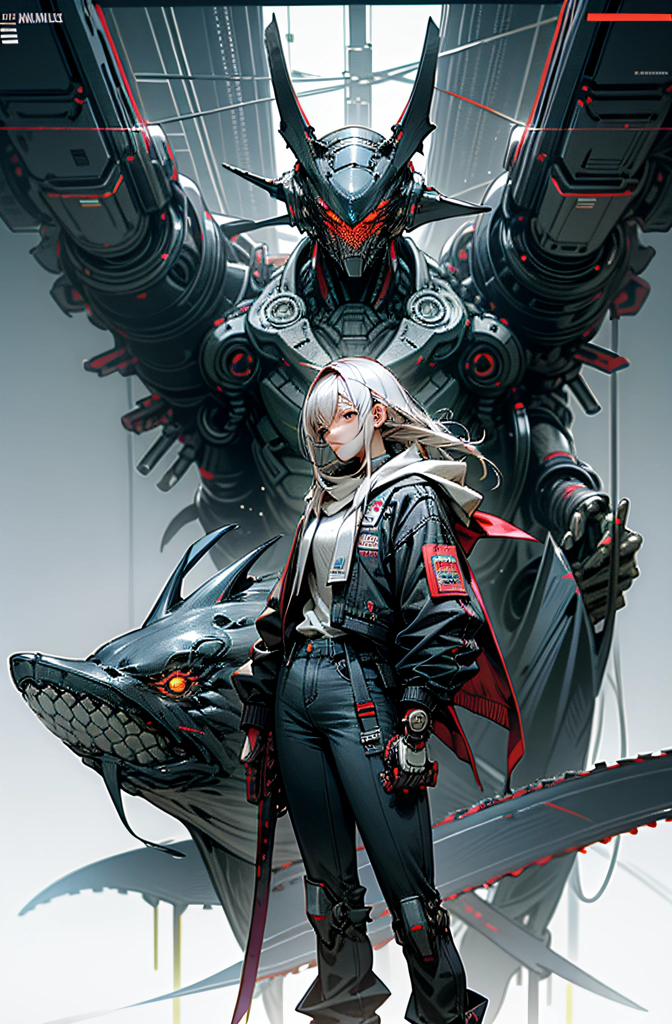 Anime character standing in front of a giant robot with a sword - SeaArt AI