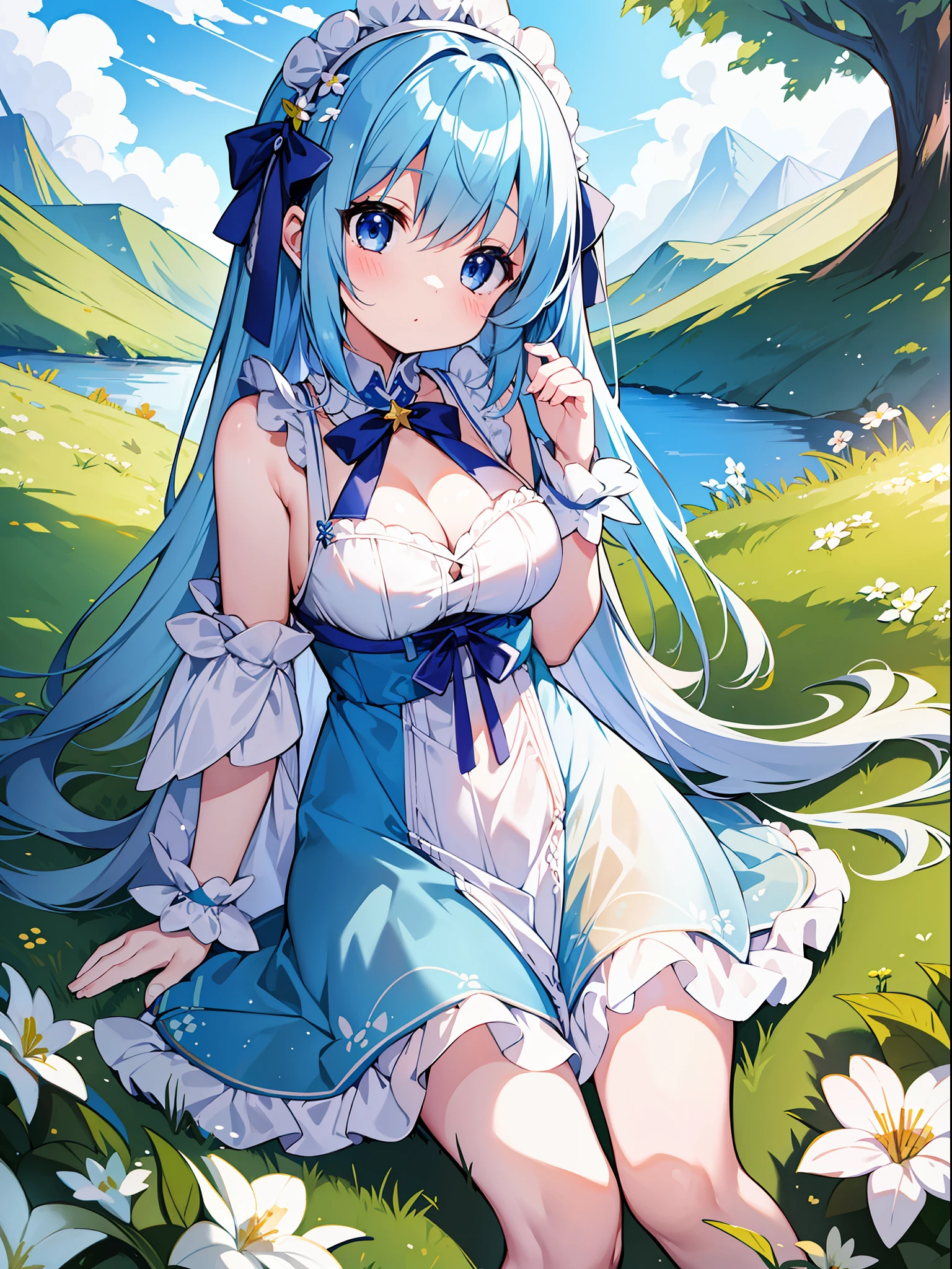 Masterpiece, top quality, one ,  with pale light blue hair, white dress, sleeveless, small breasts, cleavage, absolute area, blue sky and meadow