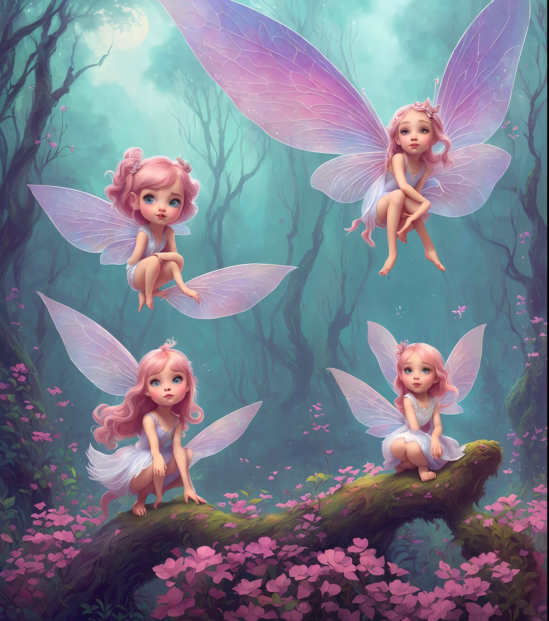 Four fairy girls sitting on a tree branch in a forest - SeaArt AI