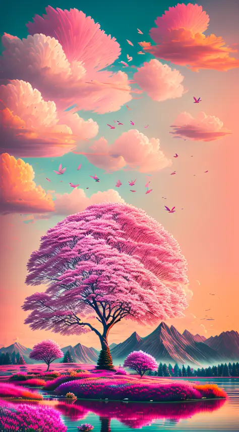 landscape, colorful, pink flowers, sun, tree, mountain, sky, water, clouds, birds, ultra hd