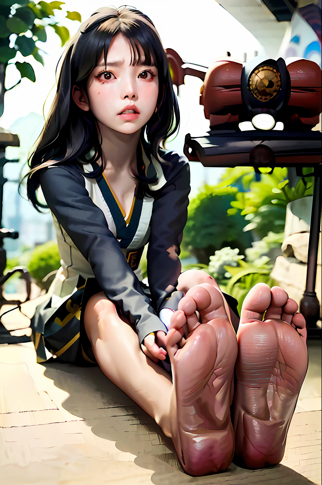 Anime girl sitting on the ground with her feet crossed - SeaArt AI