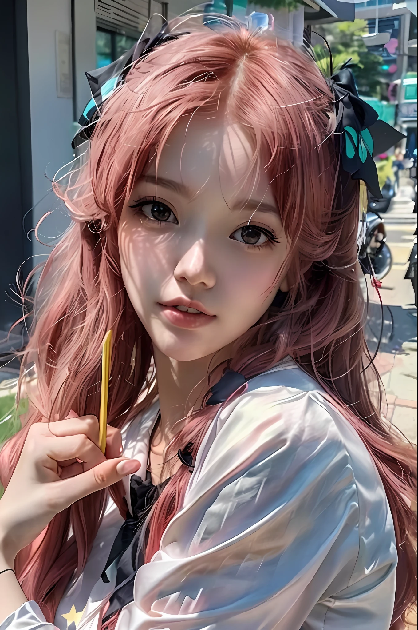 there is a woman with long red hair holding a yellow umbrella, ulzzang, sakimichan, anime girl in real life, cute kawaii girl, kawaii realistic portrait, guweiz, 🤤 girl portrait, cute natural anime face, pretty anime girl, beautiful anime girl, cute beautiful, fairycore, beautiful anime style, belle delphine, anime girl