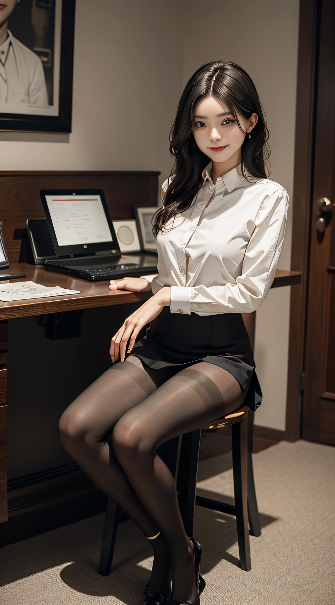 Best Quality, Full Body Portrait, Cinematic Texture Shots, Delicate Face, Beautiful Face, 20 Year Old Woman, Smiling, Slim Figure, Small Bust, OL Uniform, Office Wear, (Black Pantyhose), (No Panties), Interior Scene, Office, Seated