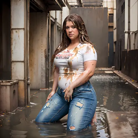 Overweight)) ((chubby)), Kelly Clarkson, small breasts, long brown hair,  wearing jeans - SeaArt AI