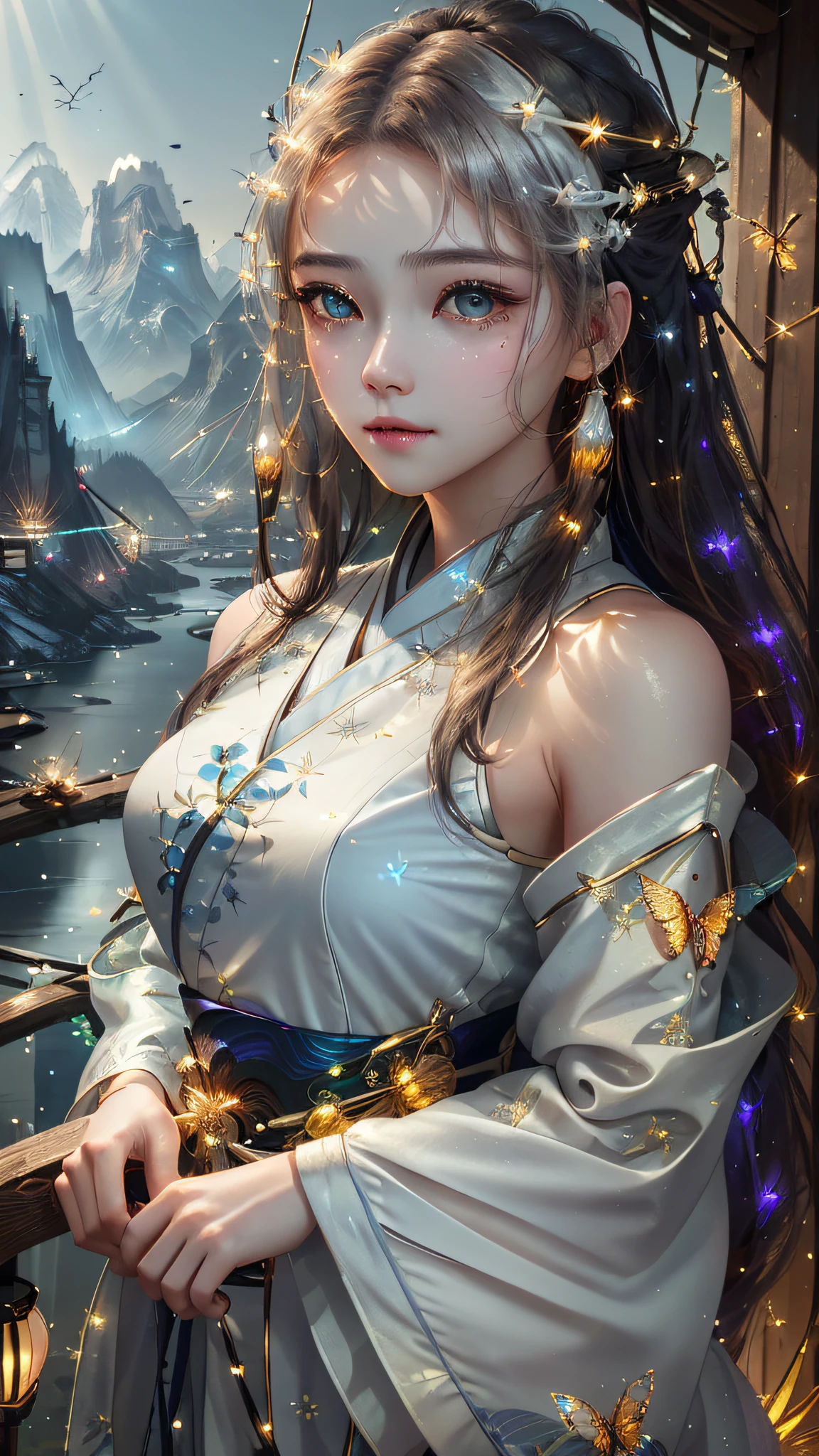 best quality, masterpiece, highres,
1girl, Detailed face, (Upper body:1.6), Cyber cities, mountains and rivers, night, firefly lights, Realistic, rich in detail, (White hanfu:1.2), (beautiful body:1.4),
