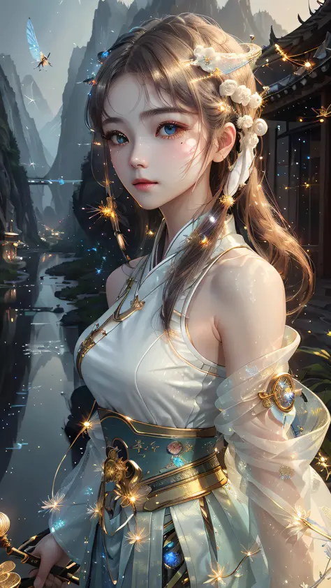 best quality, masterpiece, highres,
1girl, Detailed face, (Upper body:1.6), Cyber cities, mountains and rivers, night, firefly lights, Realistic, rich in detail, (White hanfu:1.2), (beautiful body:1.4),