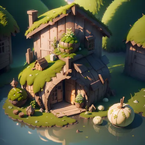Masterpiece, best quality, (very detailed CG unity 8k wallpaper), (best quality), (best illustration), (best shadows), round turnip hut covered with moss, isometric 3D , octane rendering, ray tracing, highly detailed