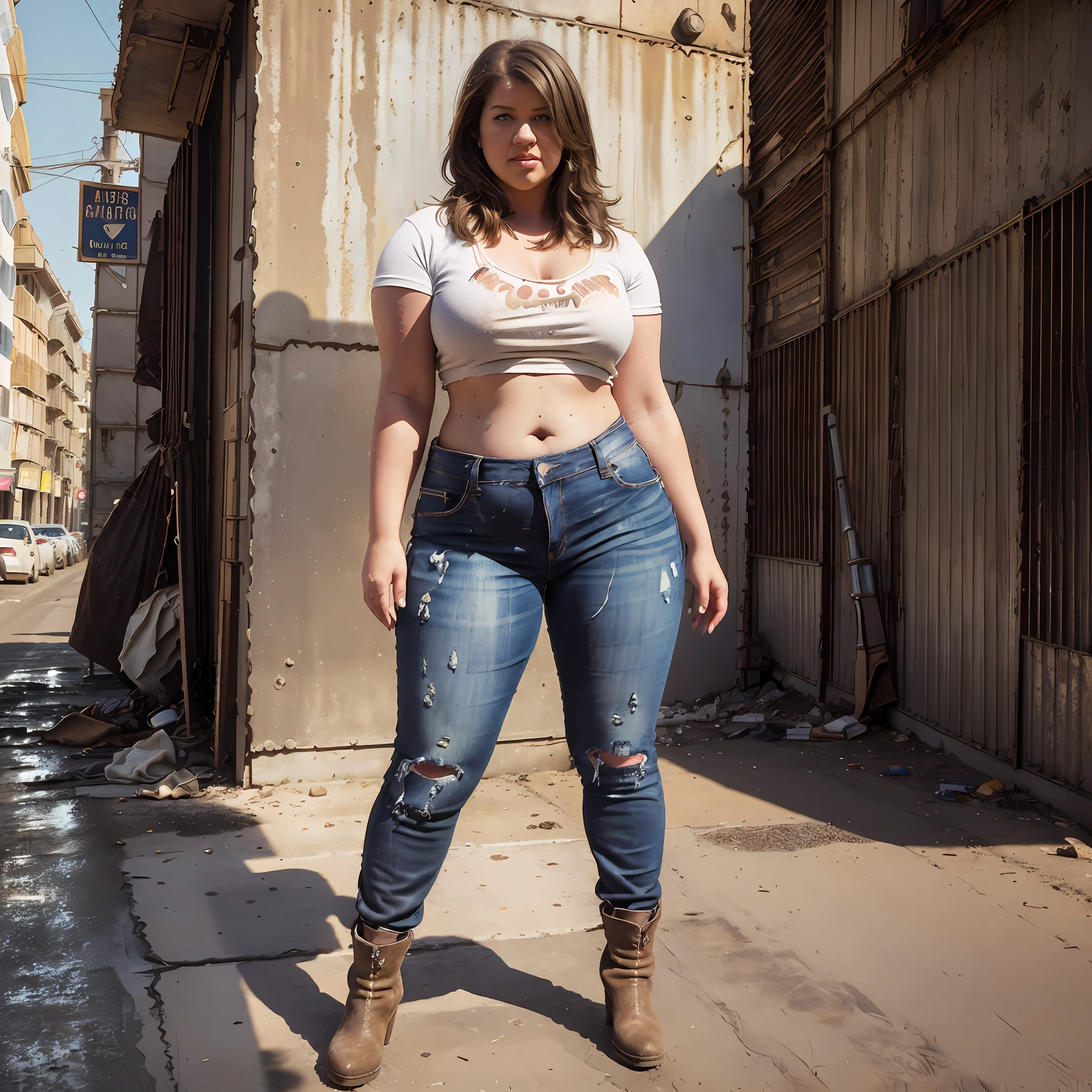 Overweight)) ((chubby)), Kelly Clarkson, small breasts, long brown hair,  wearing boot cut ripped jeans - SeaArt AI