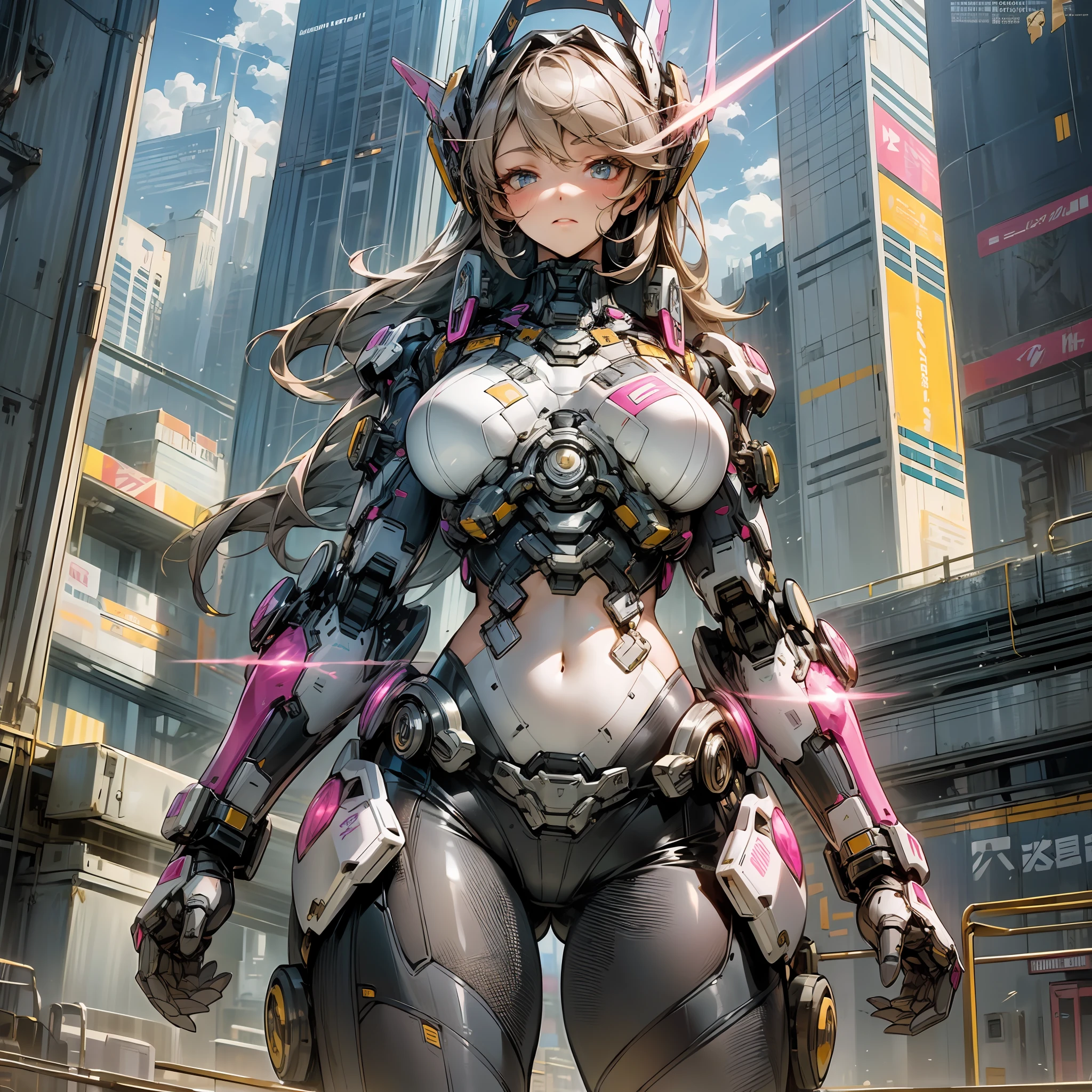 (outstanding, professional, surreal), towering buildings rise from the ground to form a magnificent landscape of the futuristic city. In the center of the picture, a huge and magnificent robot mech stands tall. Its pink metal shell shimmers, and the delicate textures and intricate lines of the robot mech outline its high-tech figure. The robot mech is tall, exuding an unparalleled sense of majesty and power. The robot mech has bright LED lights embedded in its shoulders, flashing in various bright colors, like the bright stars of the future city. Its arms are equipped with powerful energy weapons and are ready to meet the challenges of battle. Standing next to the robot, we see a striking teenage girl. She wears a black leather jacket and close-fitting black stockings, highlighting her perfect figure. The texture of the black leather jacket contrasts with the metallic texture of the robot, showing a unique visual effect. The girl's firm and resolute eyes show that she is fearless, (the girl is in good shape, wearing leather clothes, showing her navel, medium breasts, and clear facial details) --auto --s2