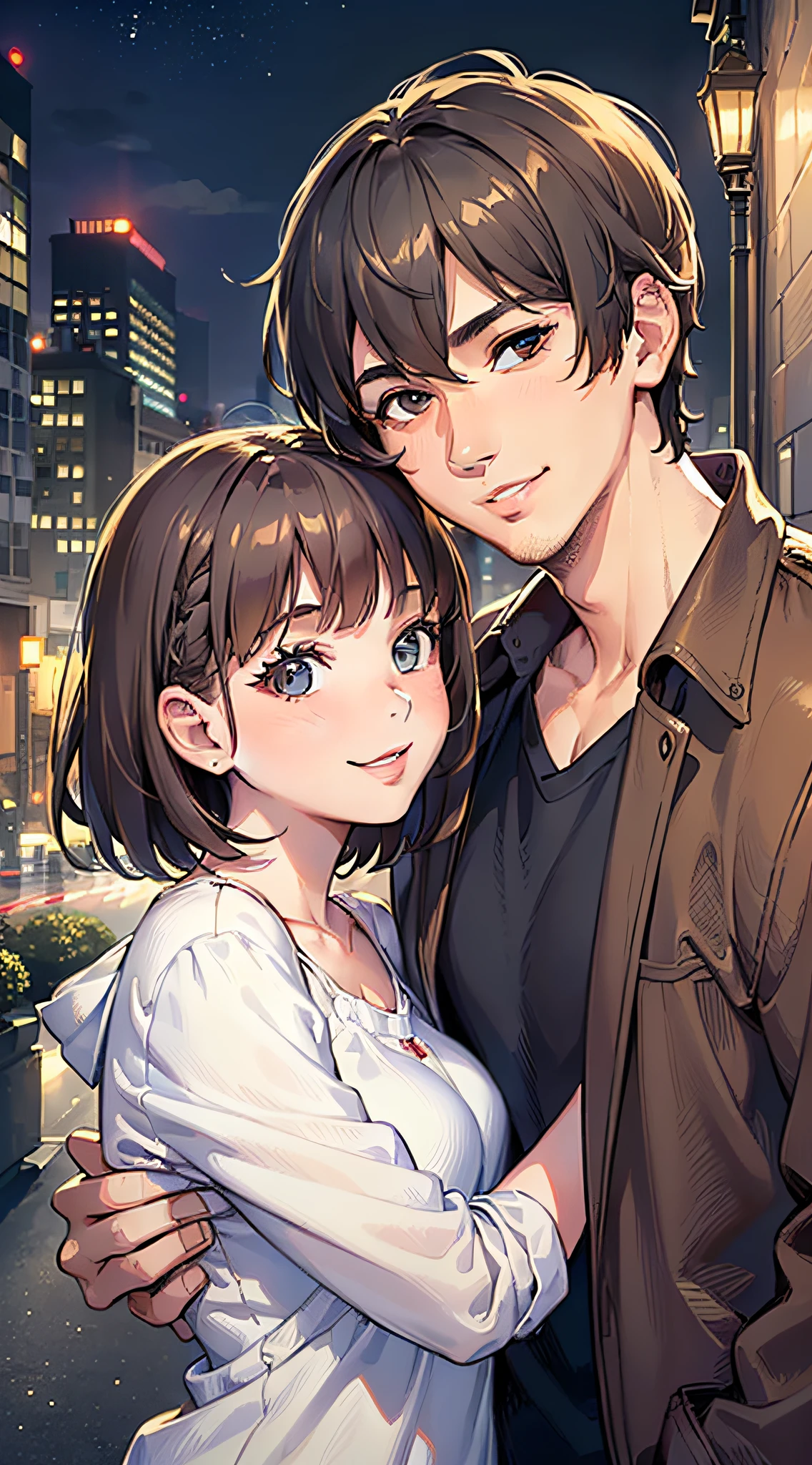 (2 people), (masterpiece, superlative, realistic), ((1 girl, brunette hair, short Bob,))), ((1 young man, handsome, short hair, smile, shut up, portrait, extremely detailed face, casual clothes)), night, city, hug
