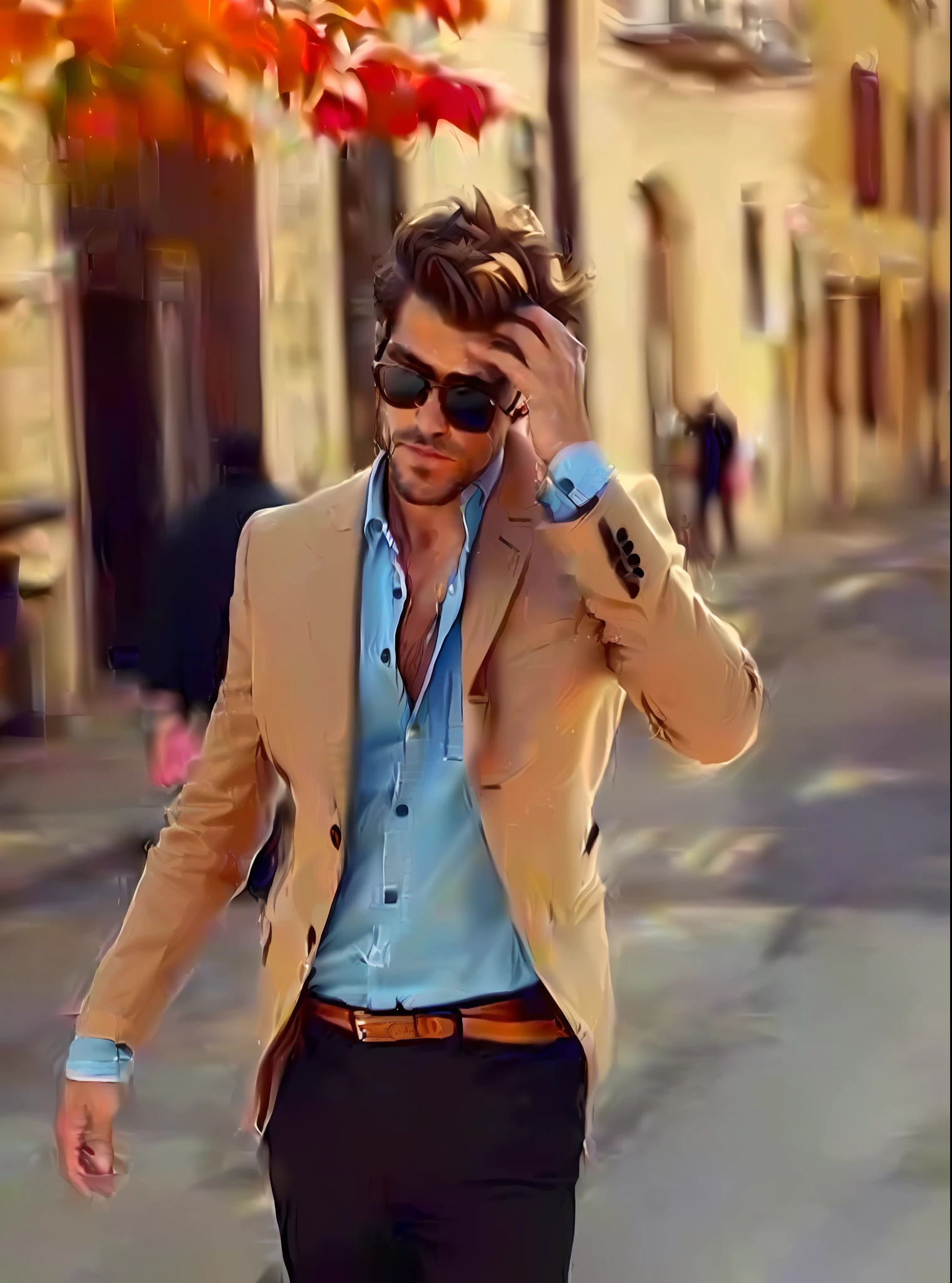 arafed man in a tan jacket and black pants walking down a street, men's  fashion, style from greg rutkowski, smart casual, wearing a blazer - SeaArt  AI