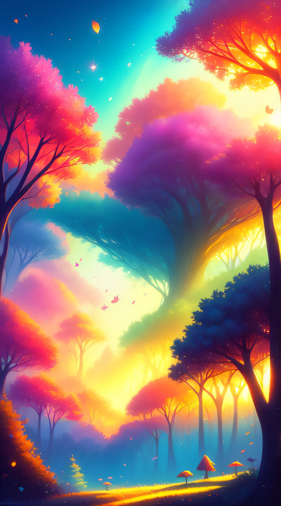 very beautiful digital art, anime nature, detailed 4k digital art, inspired by Cyril Rolando, nature anime wallpaper, beautiful digital art, enchanted fairy forest with glow in the air of various colors and a magical sunset