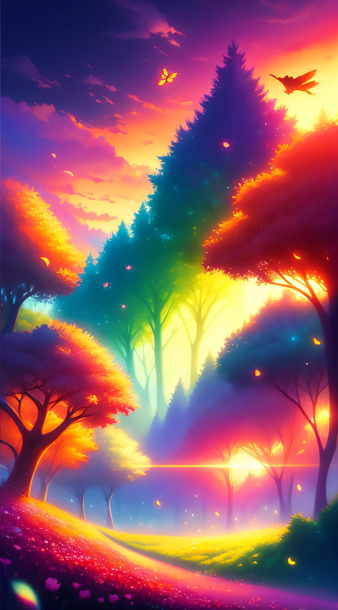 very beautiful digital art, anime nature, detailed 4k digital art, inspired by Cyril Rolando, nature anime wallpaper, beautiful digital art, enchanted fairy forest with glow in the air of various colors and a magical sunset