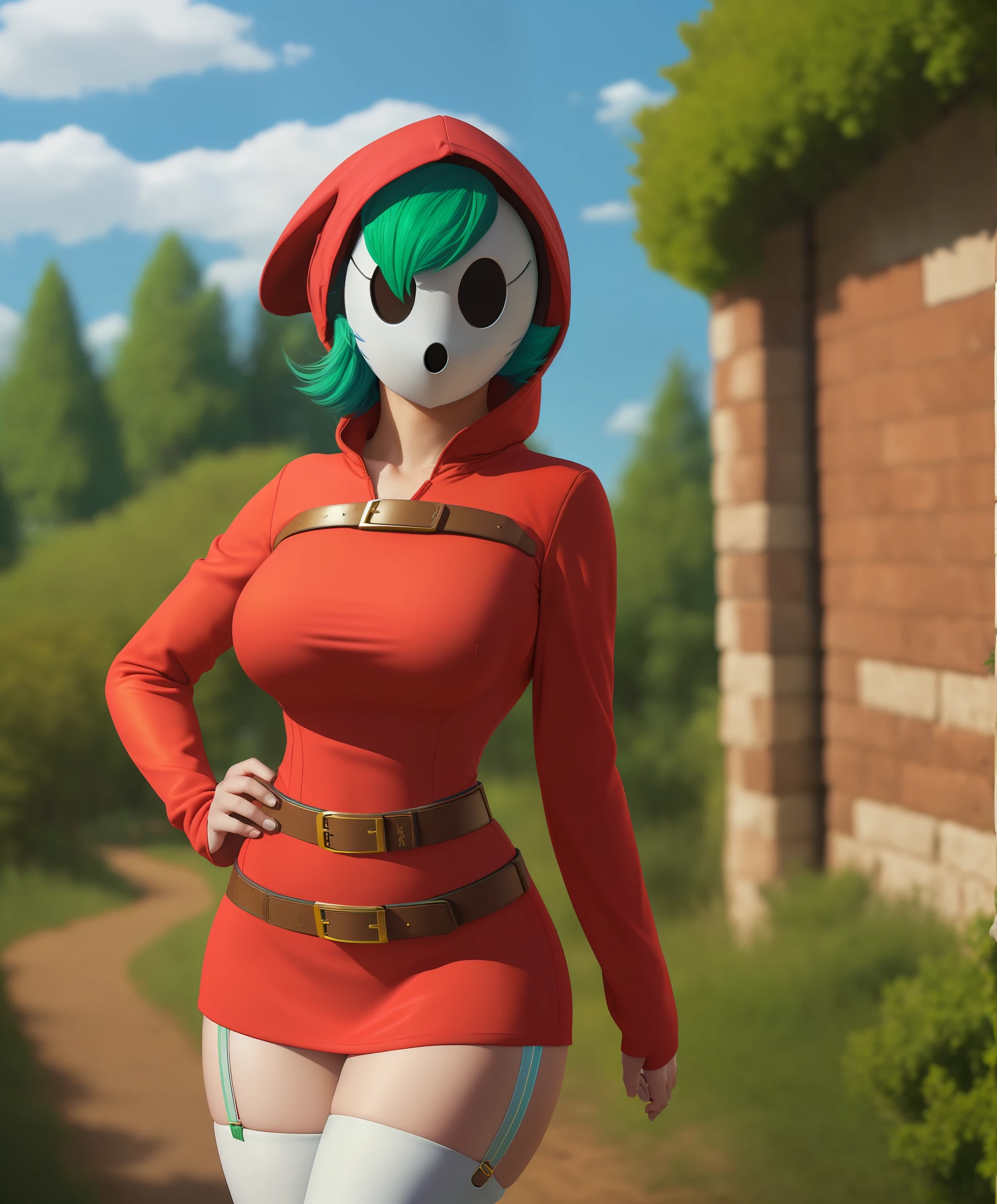 Araffe in a red dress with a hood and a green hair - SeaArt AI