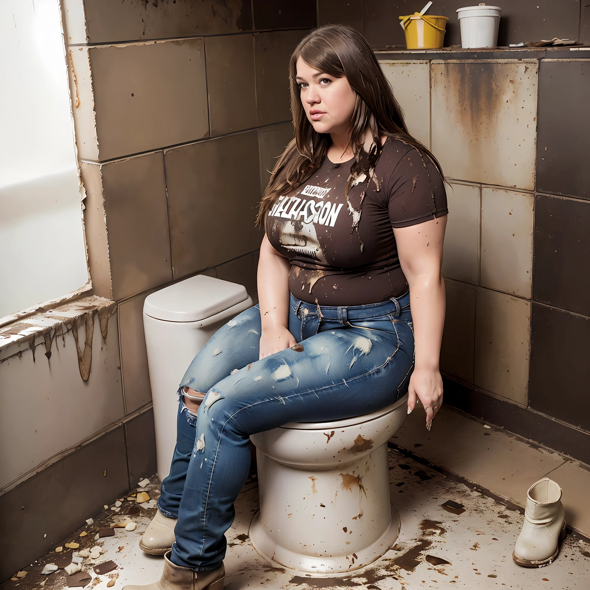 Araffe woman sitting on a toilet in a dirty bathroom - SeaArt AI