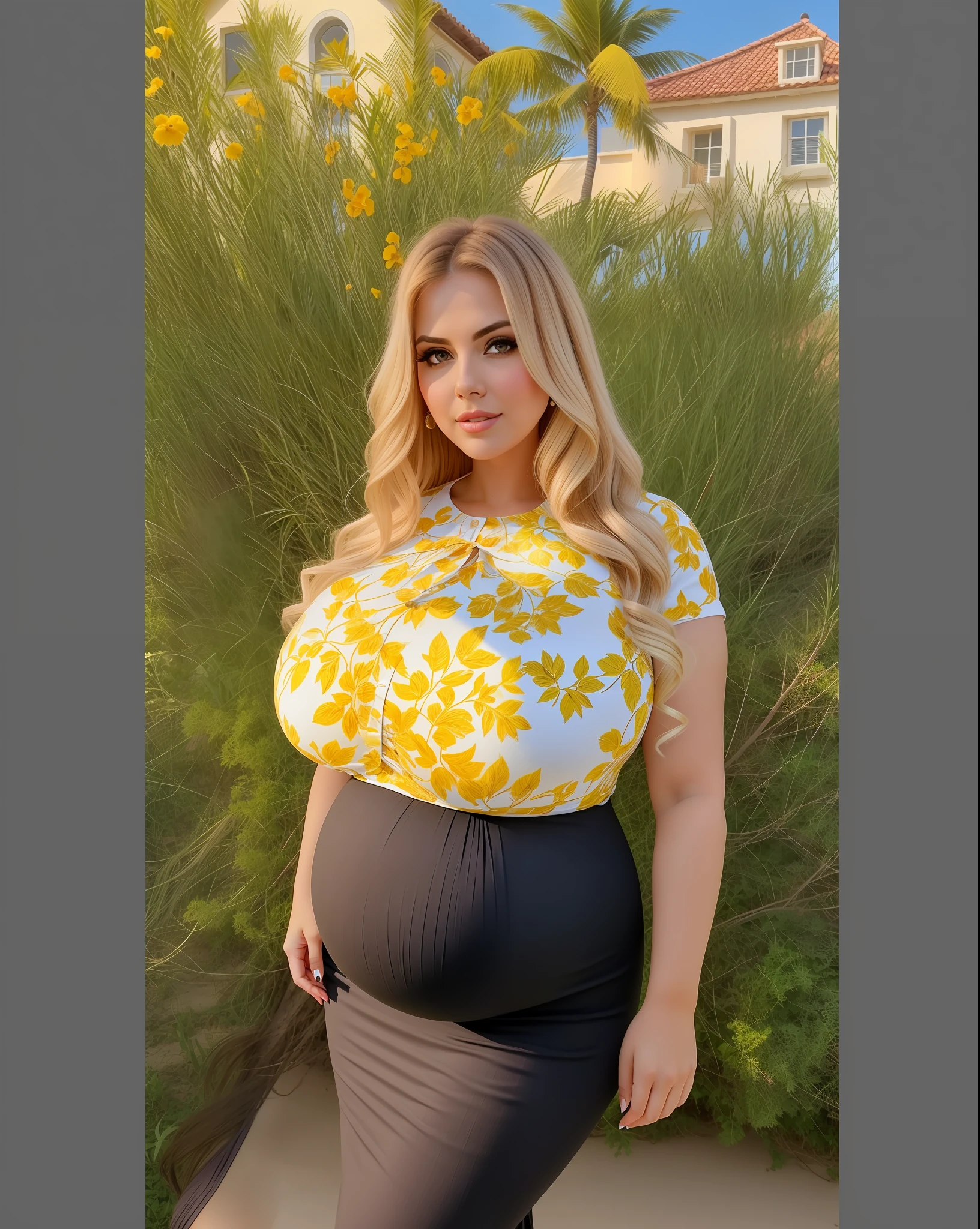 A pregnant woman in a yellow and white top and black skirt - SeaArt AI