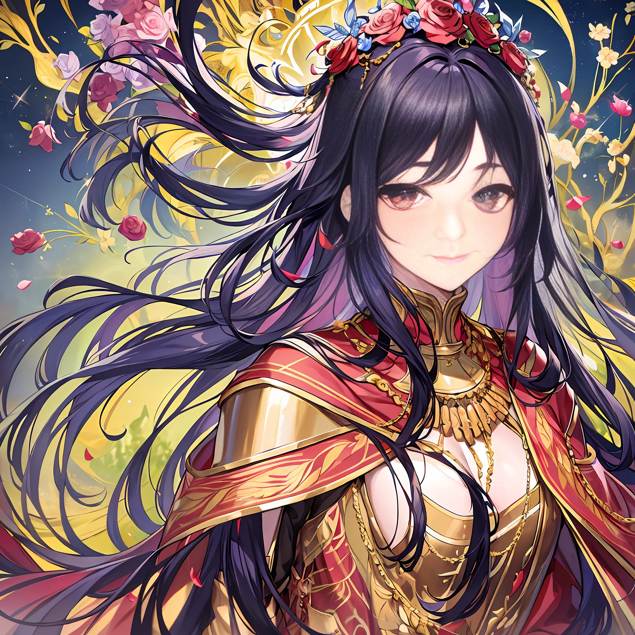 Character expressions: mysterious and confident smile, deep and charming eyes, slightly wrinkled brows, looking a little pensive. Hairstyle and color: Long black hair is draped down, and a red rose hairpin is sandwiched on the left side, highlighting the noble and mysterious temperament of the female emperor. Clothing style and color: wearing a scarlet robe, the robe falls straight to the ground, setting off the sassiness and aura of the female emperor. Accessories on the figure: a golden crown on the head, shining brightly, looks particularly noble. A chain of red beads was wrapped around his wrist, which was as bright and dazzling as flint. Character posture: hands crossed in front of the chest, the posture is straight, but the feminine posture shows the noble temperament of the female emperor and the majesty of the ruler. Setting: In the garden of the royal palace with singing birds and flowers, there is a sea of flowers in front of it, with green trees and a fresh breeze. The prosperity and solemnity of the palace architecture emerges not far away,