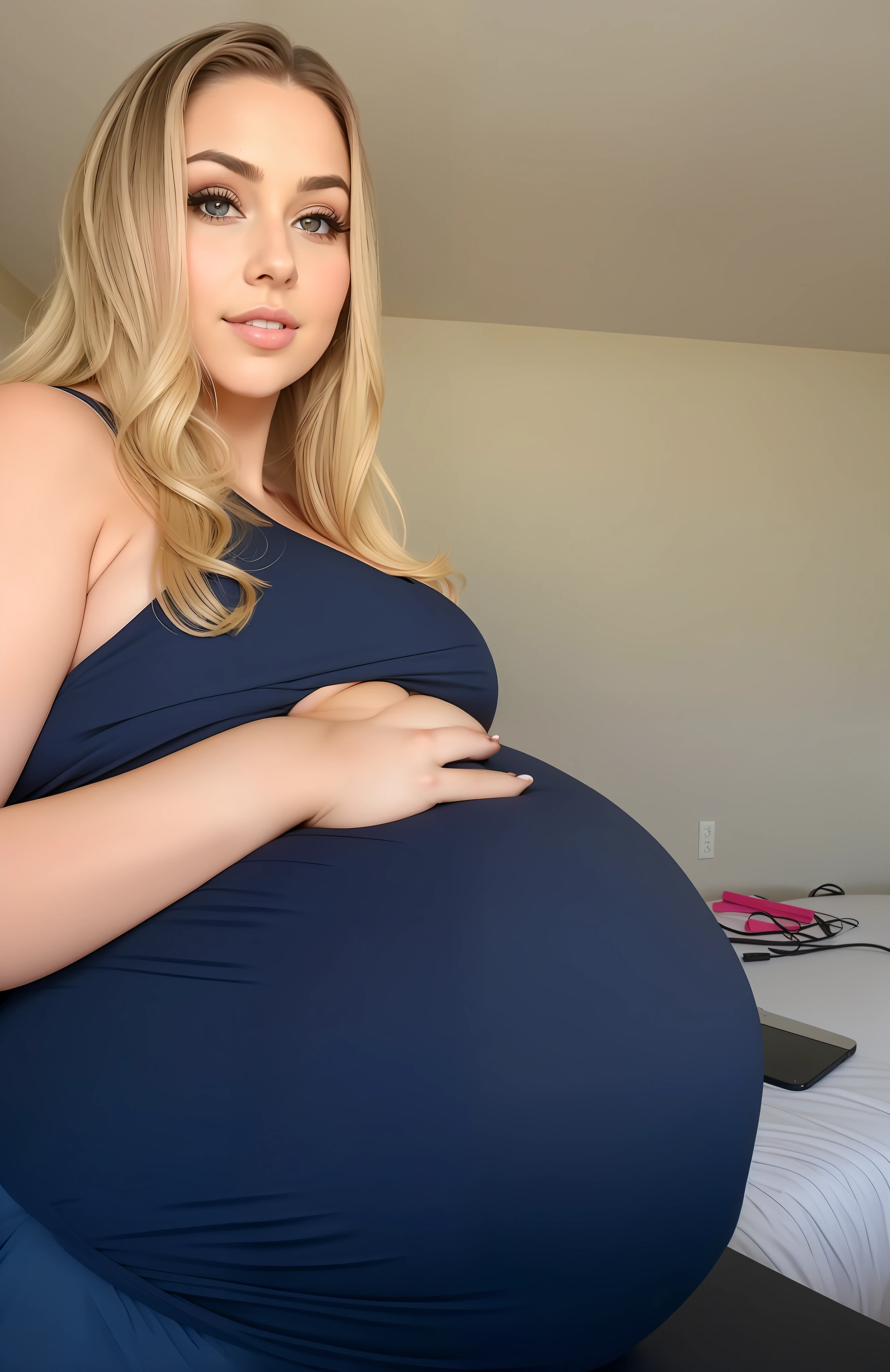 Pregnant woman in a blue dress posing for a picture - SeaArt AI