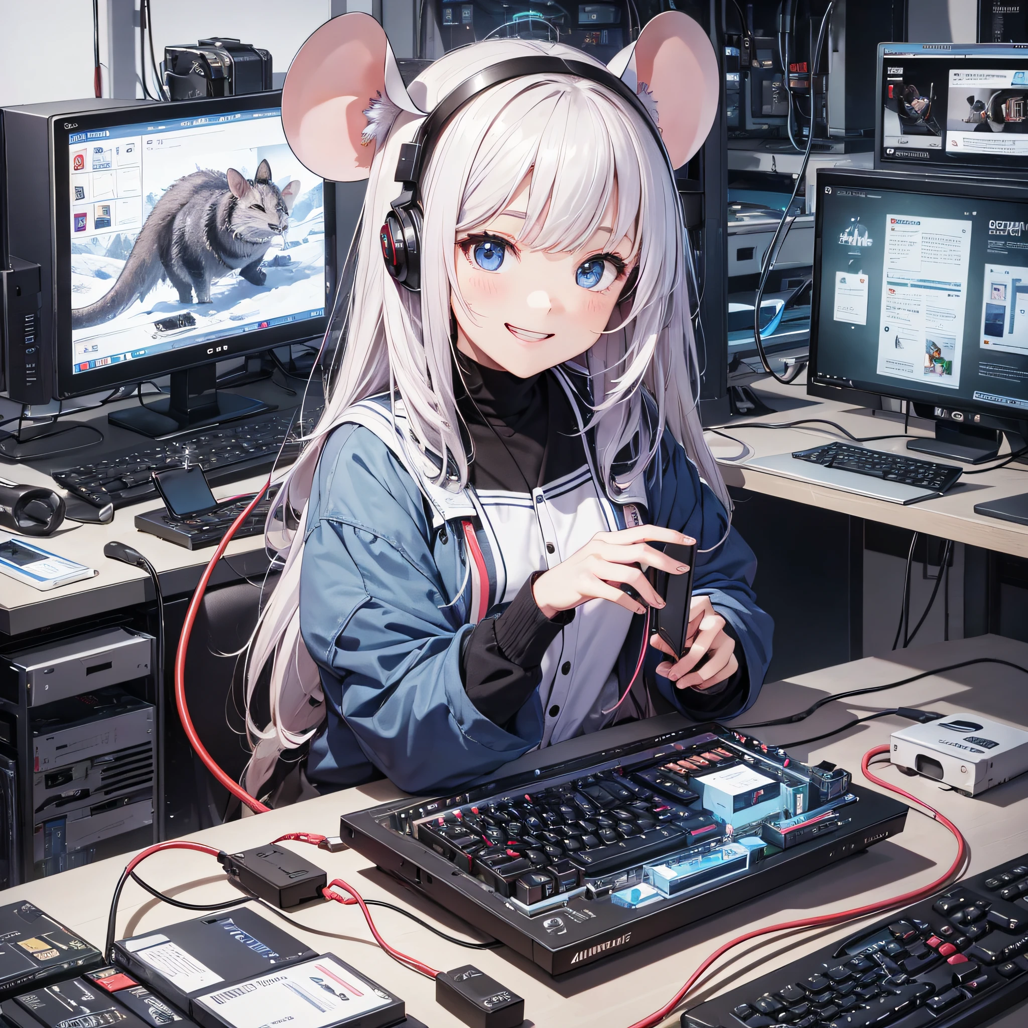 Anime girl with headphones sitting at a desk with a keyboard and mouse -  SeaArt AI