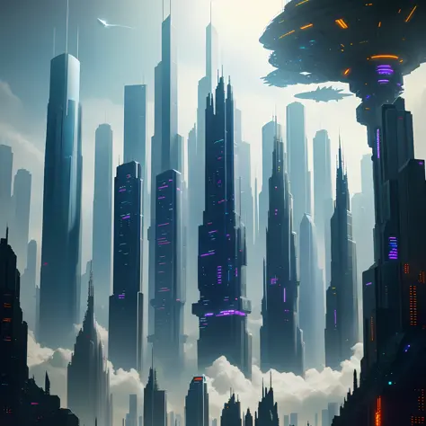 Space Futuristic City Space City Skyscrapers Cyberpunk Sci-Fi Top Quality Masterpiece