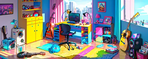 colorful,extremely detailed cg unity 8k wallpaper,illustration,lens 135mm,masterpiece, best quality,
,messy room,guitar case,(co...