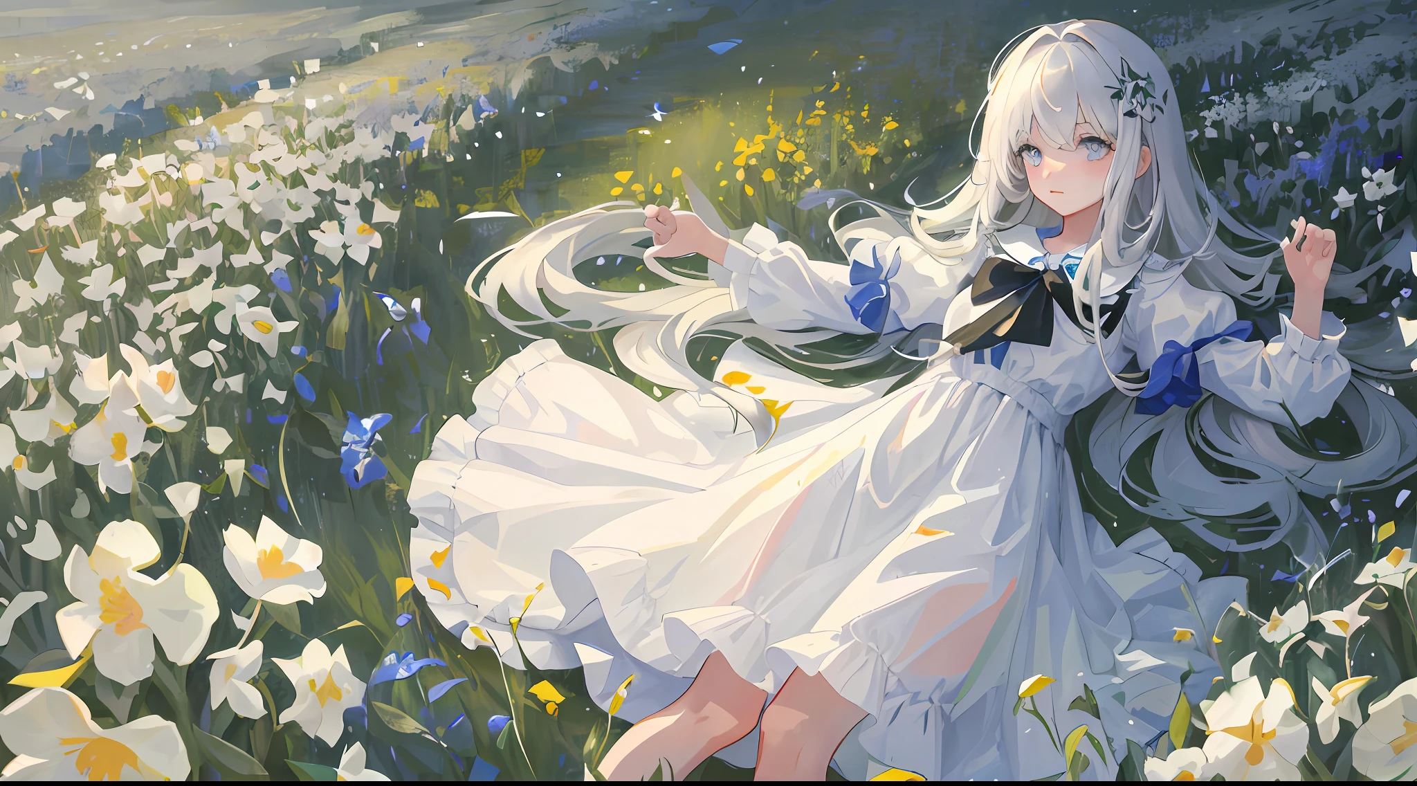 Masterpiece, of the best quality, a girl with long light hair, soft white clothes, lying alone in a never-ending flower field