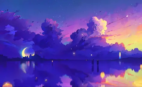 Purple blue sky with clouds, calm night. digital illustration, glowing sky,  anime sky, twilight ; Digital painting - SeaArt AI