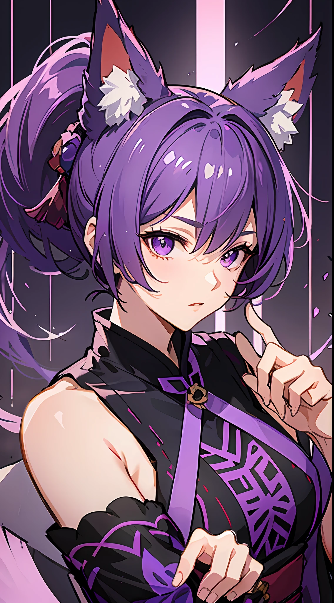 Tall girl, short purple hair, high ponytail, fox ears, purple eyes, Hanfu fighting, fighting stance, wicked, masterpiece, high quality