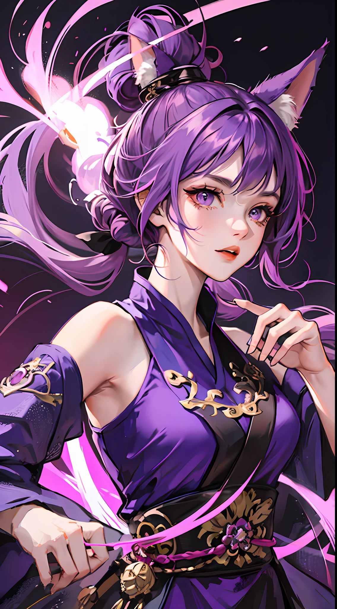 紫色の髪と紫色のドレスを着て剣を持っているアニメの女の子 - SeaArt AI