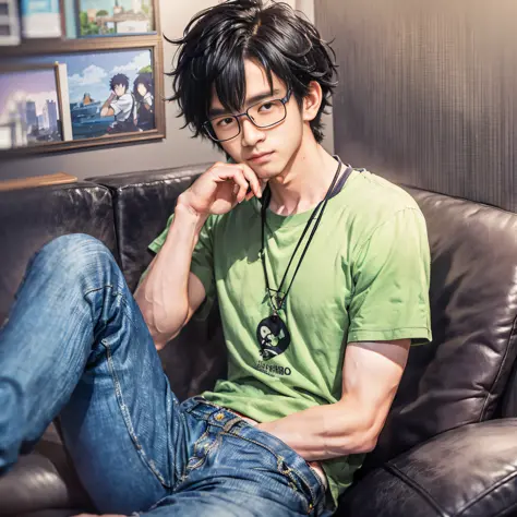 Man sitting on sofa with hand on chin, Yuichiro Fukaya, handsome anime pose, Kentaro Miura style, Kentaro Miura style!!!!, Isaya...